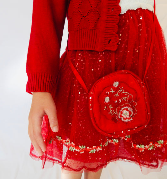 Girls Elegant Flower Christmas Holiday dress with Knit Cardigan in Shimmering Sparkle Red