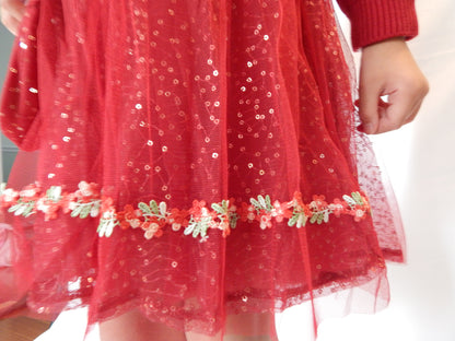 Girls Elegant Flower Christmas Holiday dress with Knit Cardigan in Shimmering Sparkle Red