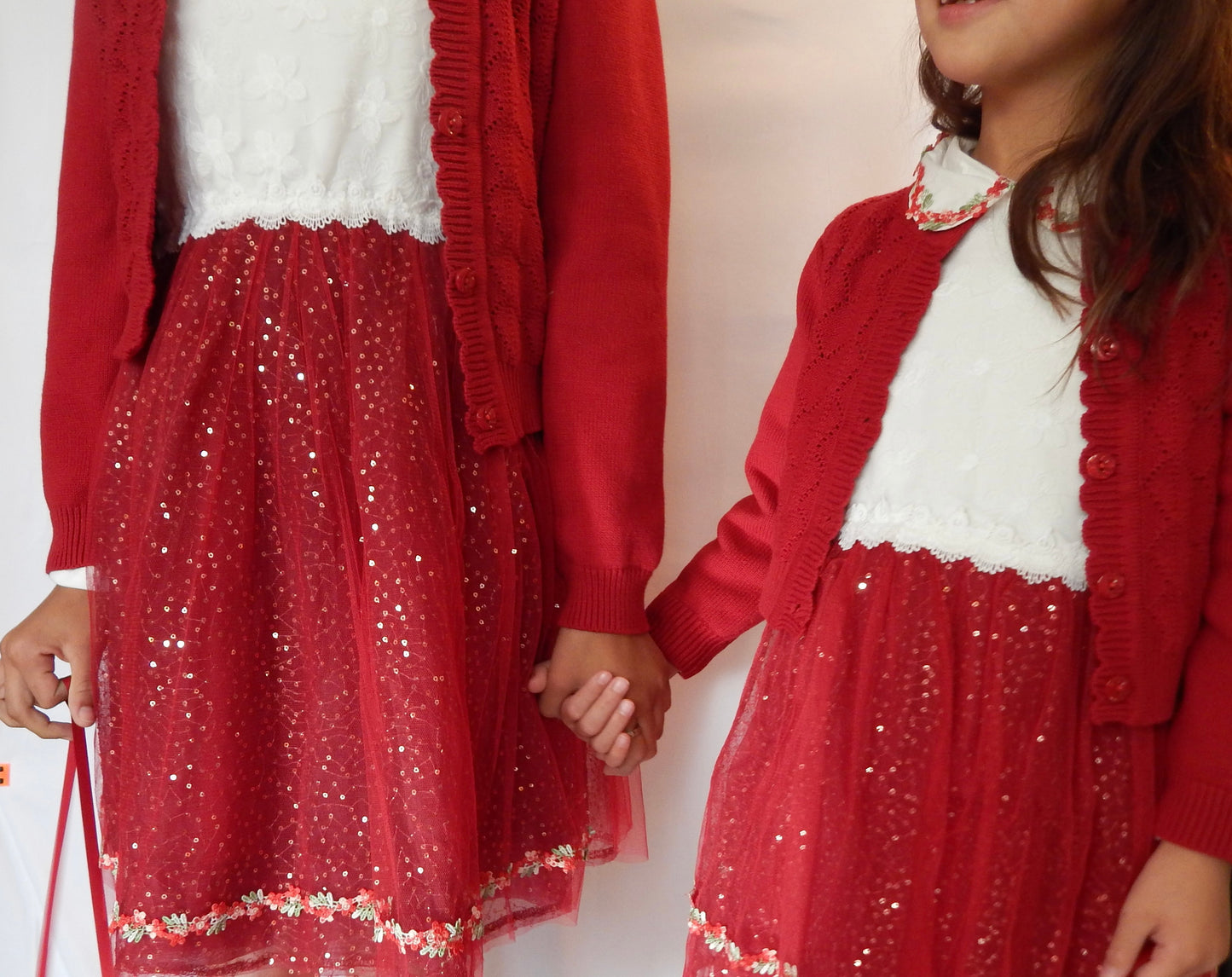 Girls Elegant Flower Christmas Holiday dress with Knit Cardigan in Shimmering Sparkle Red