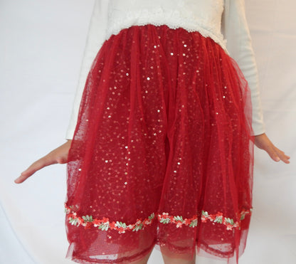 Girls Elegant Flower Christmas Holiday dress with Knit Cardigan in Shimmering Sparkle Red