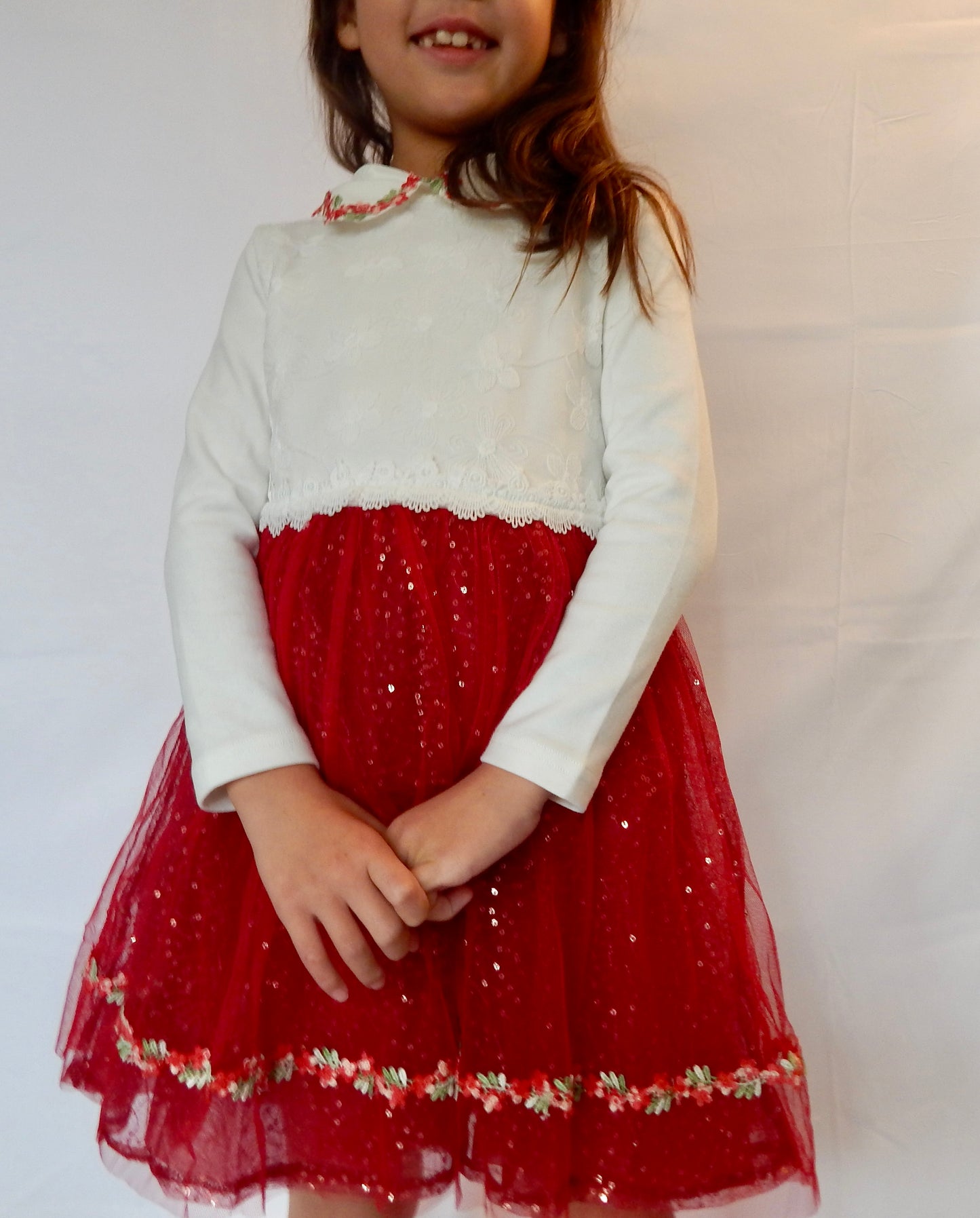 Girls Elegant Flower Christmas Holiday dress with Knit Cardigan in Shimmering Sparkle Red