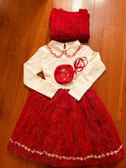 Girls Elegant Flower Christmas Holiday dress with Knit Cardigan in Shimmering Sparkle Red