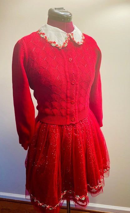 Girls Elegant Flower Christmas Holiday dress with Knit Cardigan in Shimmering Sparkle Red