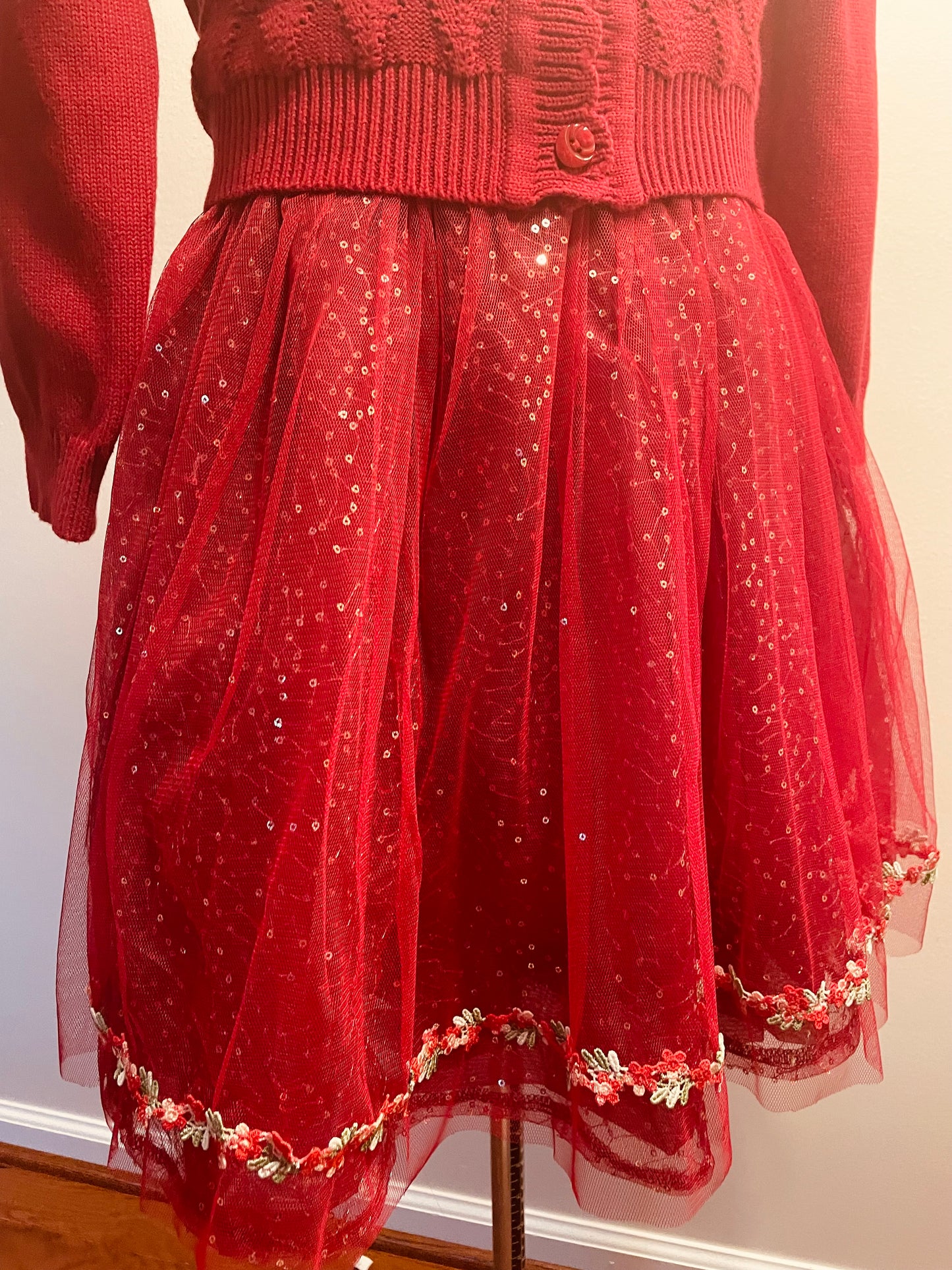 Girls Elegant Flower Christmas Holiday dress with Knit Cardigan in Shimmering Sparkle Red