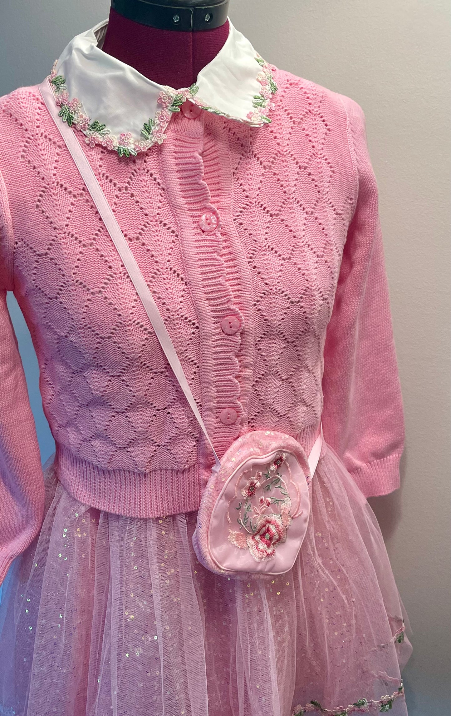 Elegant Flower Knit Sweater Tulle fashion girls Dress set with Matching  Cardigan and Purse in Pink