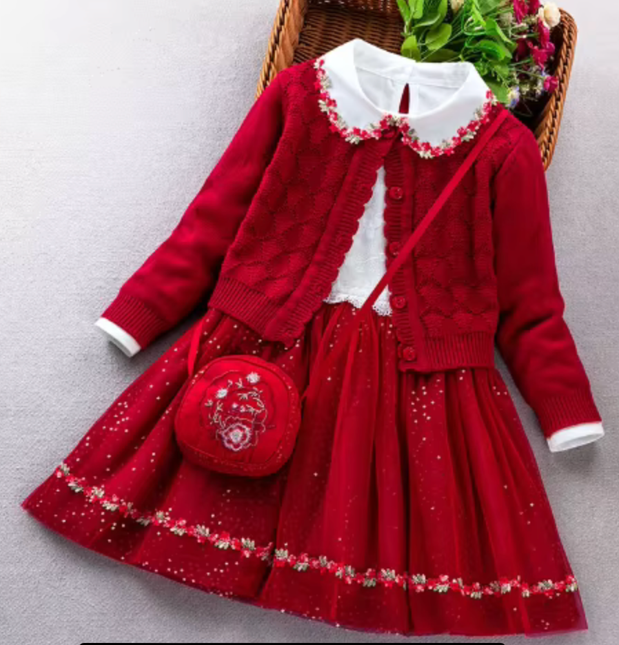 Girls Elegant Flower Christmas Holiday dress with Knit Cardigan in Shimmering Sparkle Red