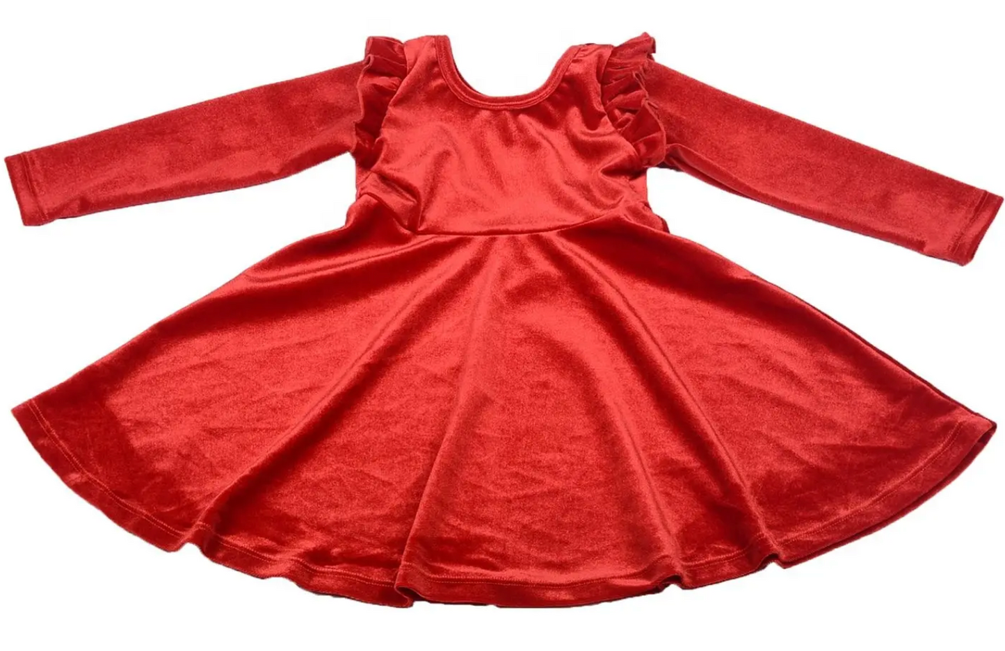 Girls Ruffle Shimmer Velvet Twirl Dress Full Skirt  Red  & Green 3 - 8