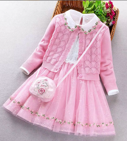 Elegant Flower Knit Sweater Tulle fashion girls Dress set with Matching  Cardigan and Purse in Pink