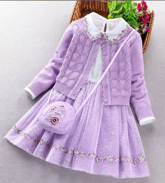 Girls Lavender Dress with Peter Pan Collar Cardigan and Matching Purse