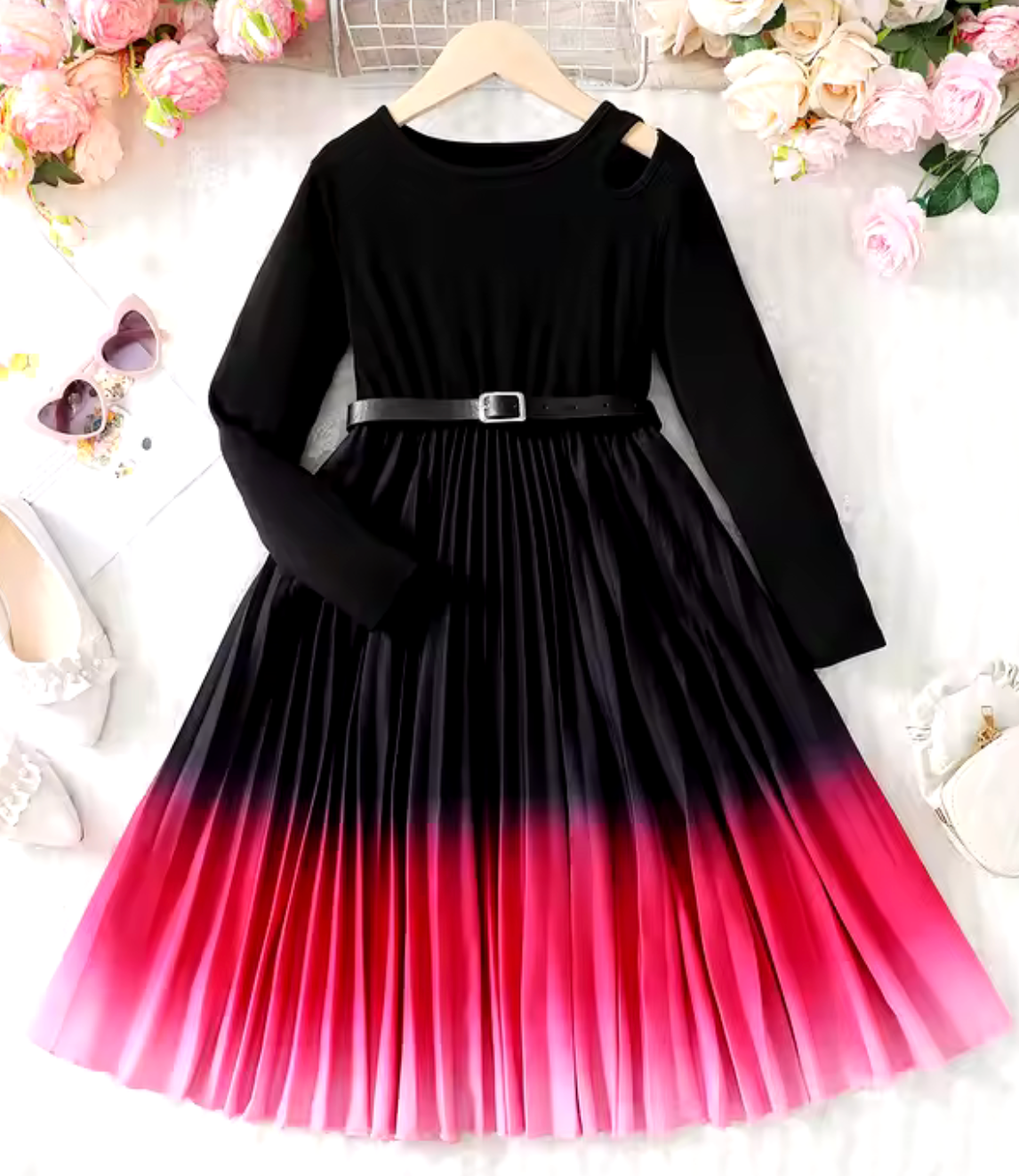 Round Neck Long Sleeve Gradient Printed Knit Top and Pleated Skirt Dress For Girls