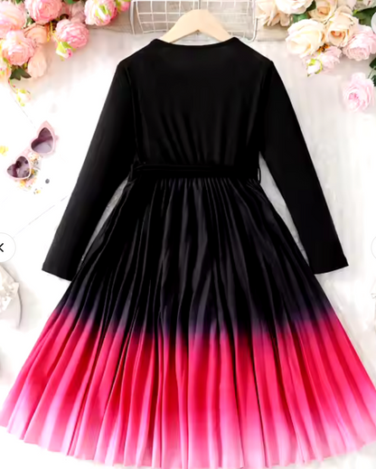 Round Neck Long Sleeve Gradient Printed Knit Top and Pleated Skirt Dress For Girls